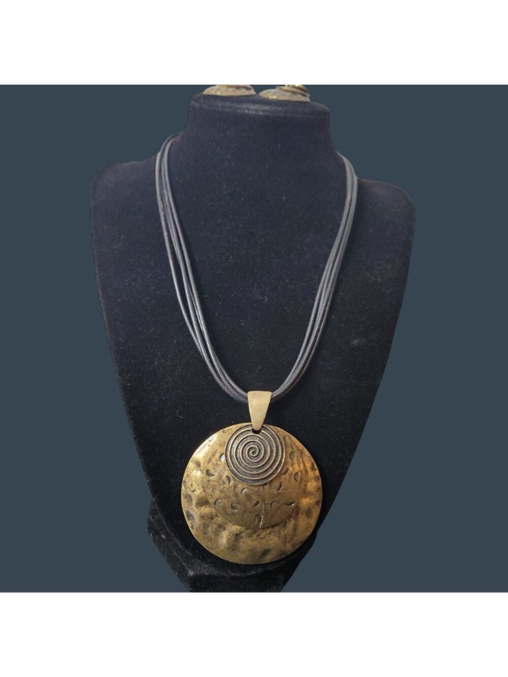 Brass Spiral Pendant Necklace Earrings Multi-strand Cord Bohemian Ethnic Artisan - Picture 8 of 11